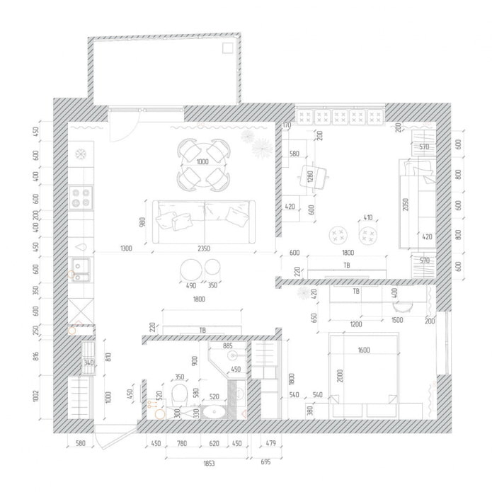 Grundriss einer stilvollen Dreizimmerwohnung im europäischen Stil