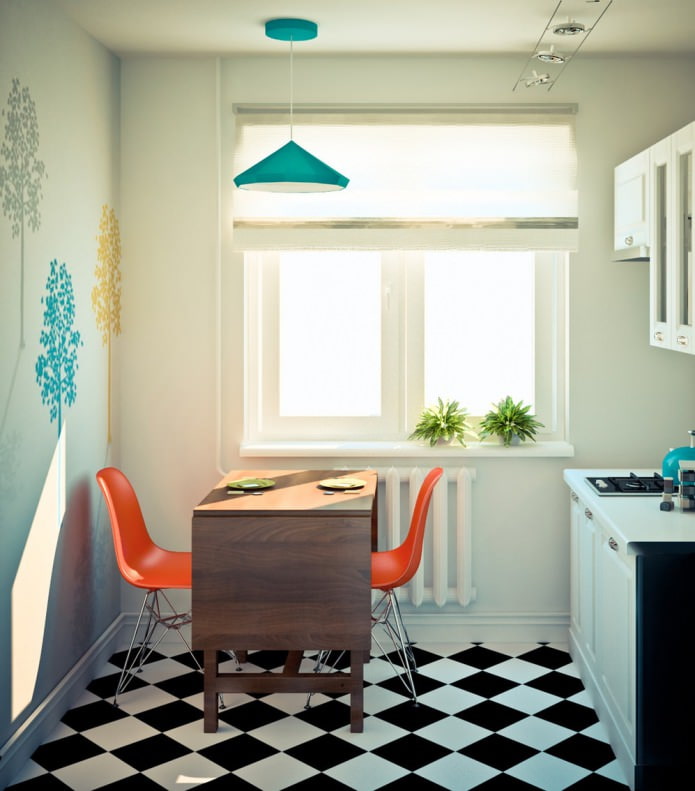 Küche im Projekt einer Eck-Einzimmerwohnung von 32 m². 