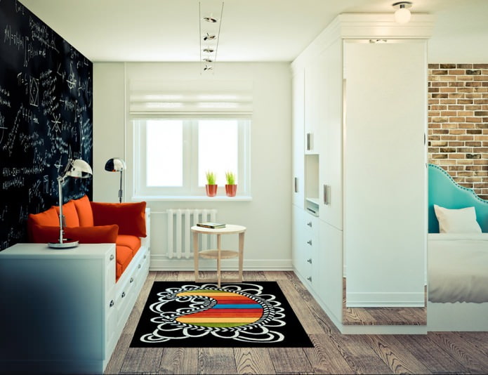 Wohnzimmer im Projekt einer Eck-Einzimmerwohnung mit 32 m².