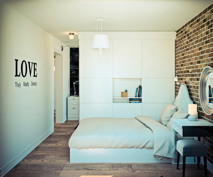 Schlafzimmer im Projekt einer Eck-Einzimmerwohnung (32 m²)