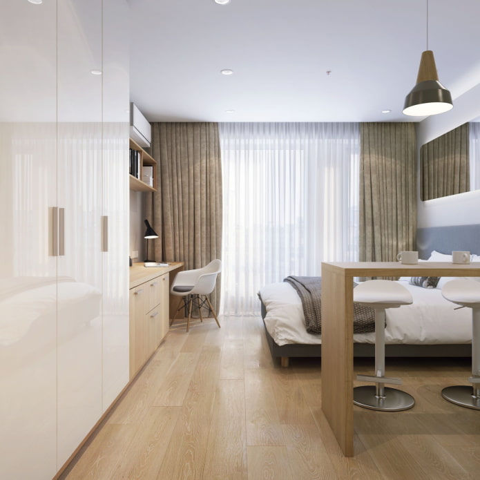 Schlafzimmer in einer Zweizimmerwohnung im europäischen Stil