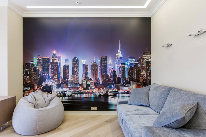 Tapete mit einem Bild einer nächtlichen Stadt im Wohnzimmer