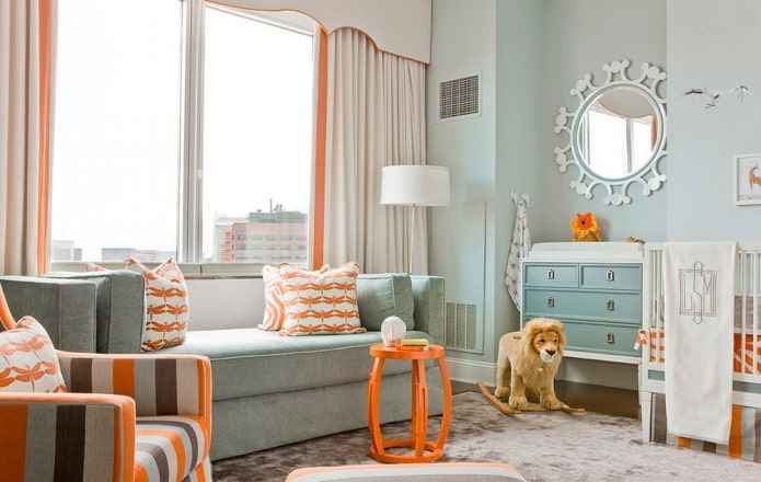 Orange-blaues Kinderzimmerinterieur im modernen Stil