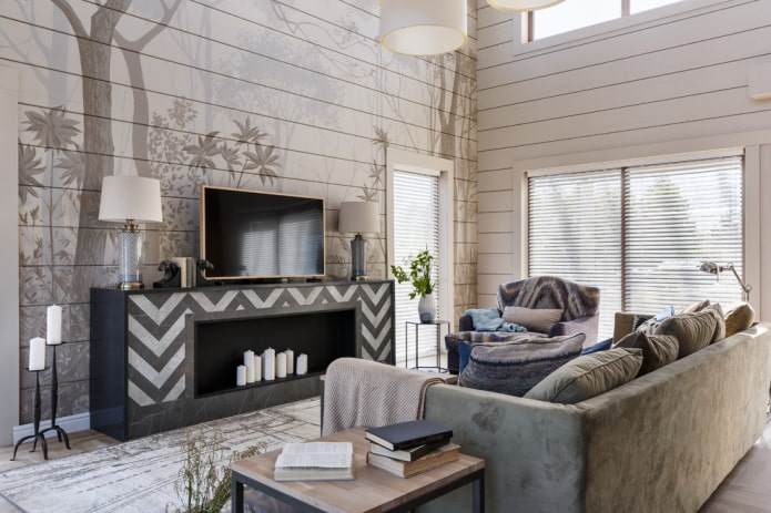 falscher Kamin und Fernseher im Wohnzimmer