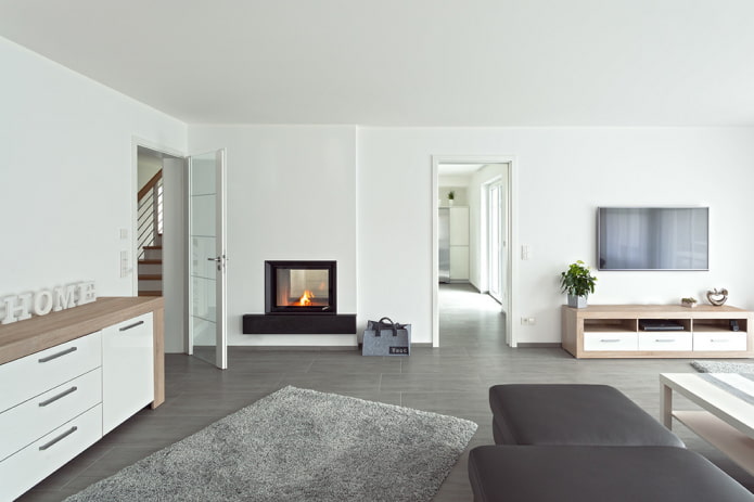 Kamin und Fernseher an einer Wand im Wohnzimmer