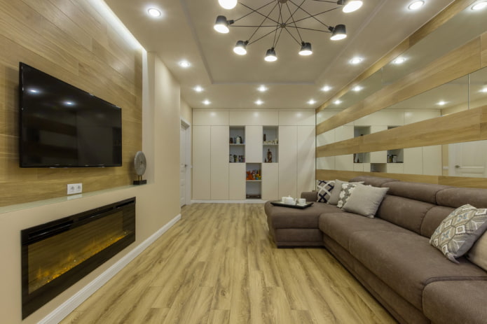 Kamin und Fernseher im Wohnzimmer der Wohnung