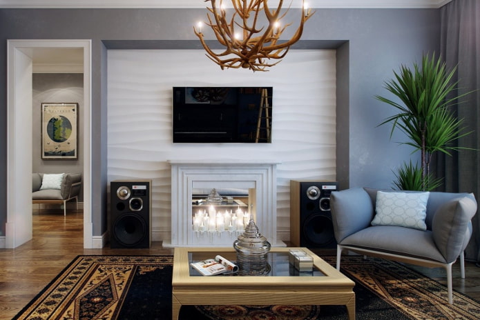 Kamin und Fernseher in einer Nische im Wohnzimmer