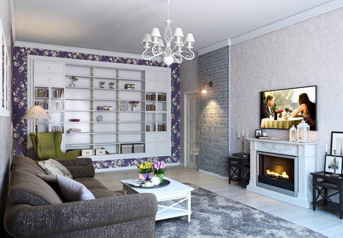 Kamin und Fernseher im Wohnzimmerinterieur im Provence-Stil