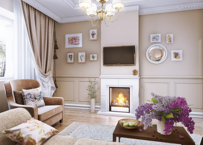 Kamin und Fernseher im Wohnzimmerinterieur im Provence-Stil