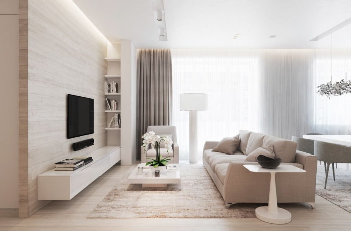 Interieur eines beigen Wohnzimmers im modernen Stil