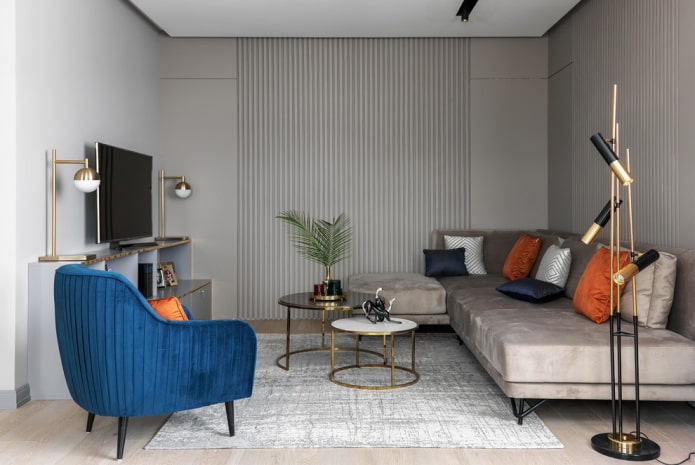 Wohnzimmer-Innenarchitektur in Grautönen