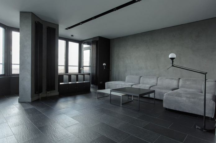 Interieur eines grauen Wohnzimmers im minimalistischen Stil