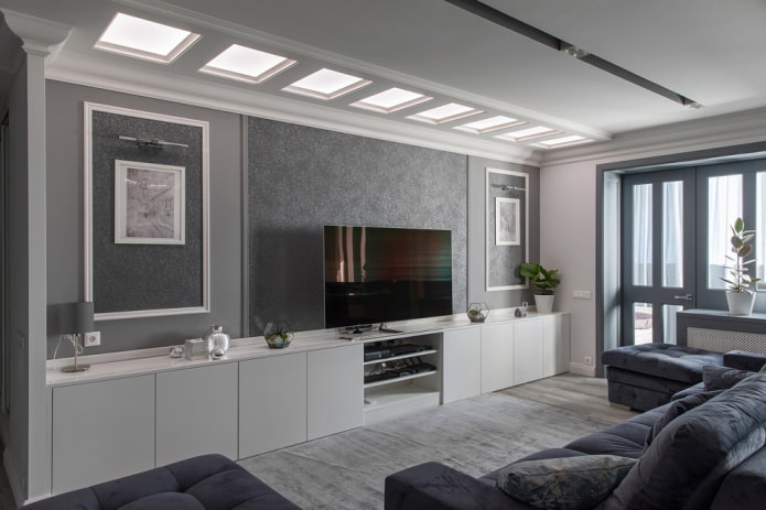 Möbel im Interieur eines grauen Wohnzimmers