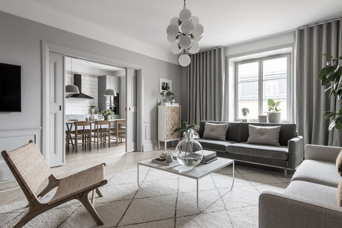 Wohnzimmer-Innenarchitektur in Grautönen