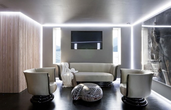 Interieur eines grauen Wohnzimmers im High-Tech-Stil