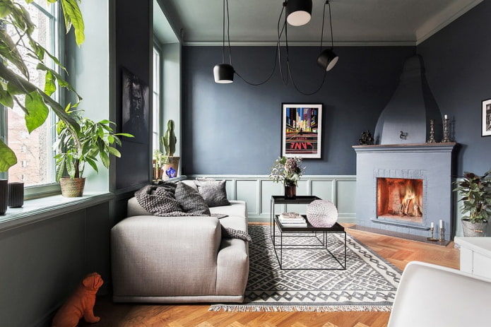 Wohnzimmer-Innenarchitektur in Grautönen
