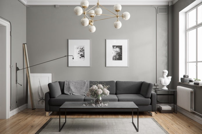 Wohnzimmer-Innenarchitektur in Grautönen