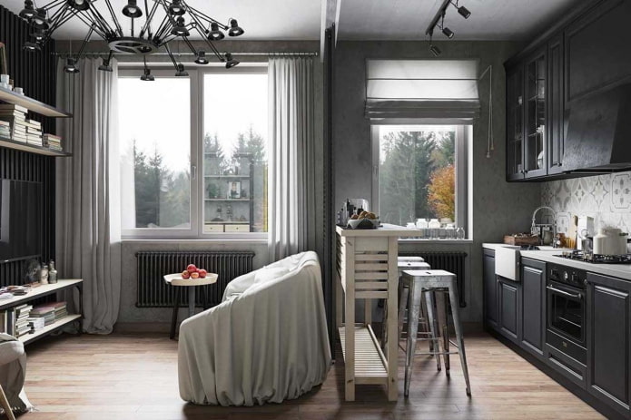 Interieur eines grauen Wohnzimmers im Loft-Stil