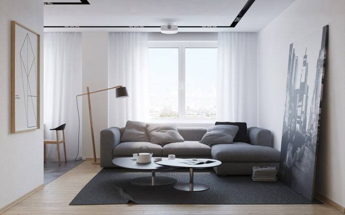 Dekor und Beleuchtung im Wohnzimmer im minimalistischen Stil