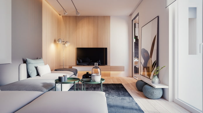Dekor und Beleuchtung im Wohnzimmer im minimalistischen Stil
