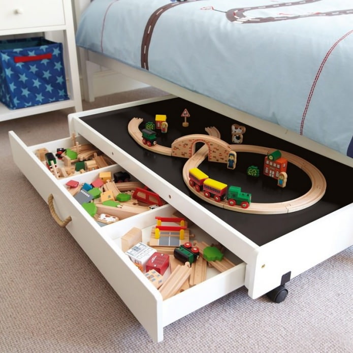 Schubladen in einem Bett zur Aufbewahrung von Spielzeug im Kinderzimmer