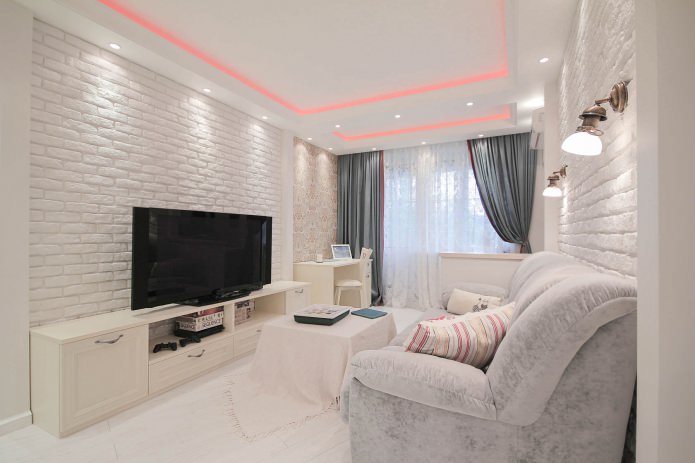 Wohnzimmer mit weißer Ziegeltapete