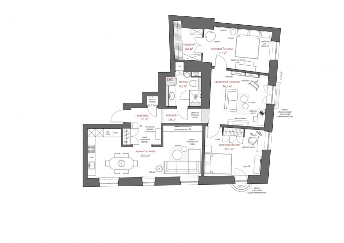 Grundriss einer 100 m² großen Wohnung