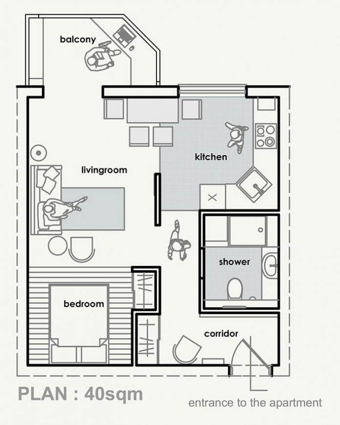 Grundriss einer 40 m² großen Wohnung