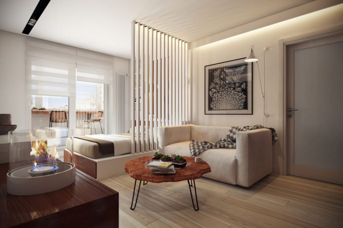 Wohn-Schlafzimmer im Projekt einer 36 m² großen Wohnung.