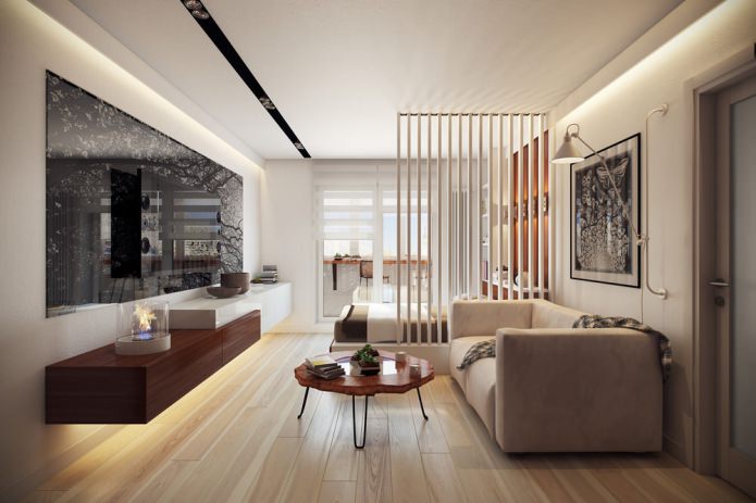 Wohn-Schlafzimmer im Projekt einer 36 m² großen Wohnung.