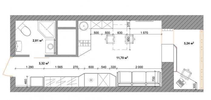 Studio-Grundriss 18 m².