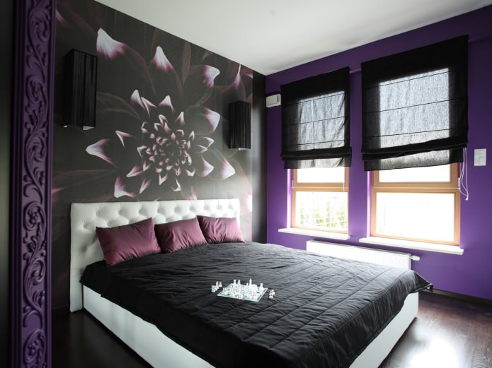 Schwarz-violettes Schlafzimmer-Interieur