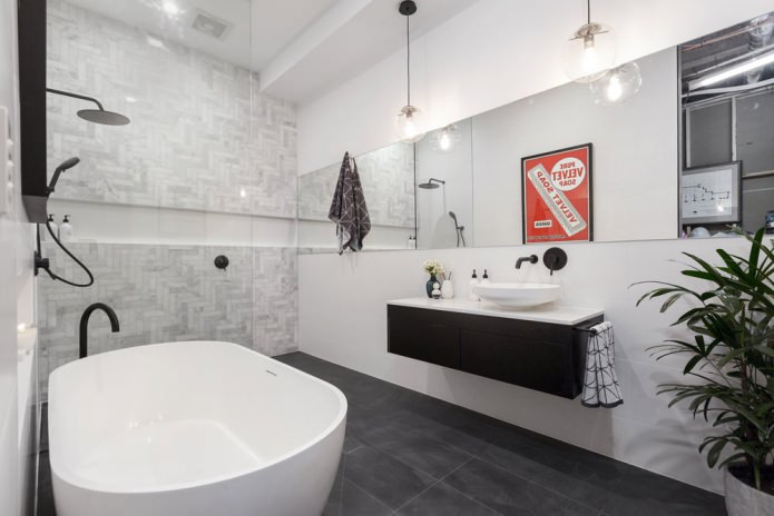 Badezimmereinrichtung mit wandmontiertem Waschbecken im modernen Stil