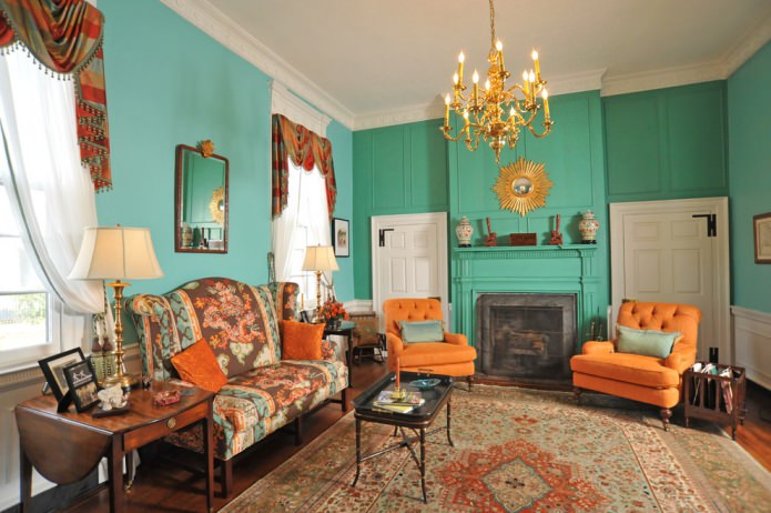 orange-türkises Wohnzimmer