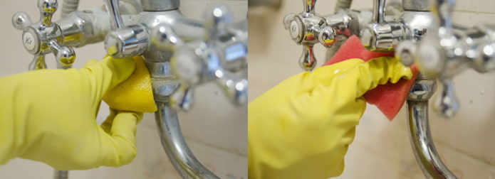 Wasserhähne mit Zitrone behandeln, um Kalk zu entfernen