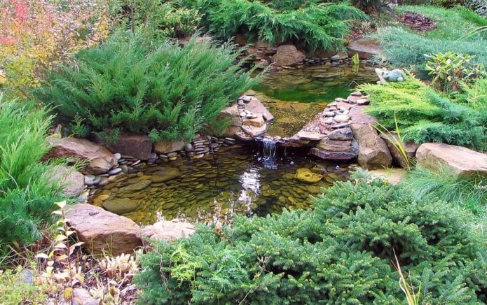 künstlicher Teich mit Nadelbäumen und einem Wasserfall