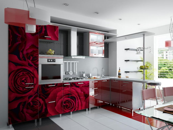 Rotes Kücheninterieur im modernen Stil