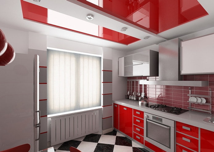 graue Wände und rot-weiße Decke