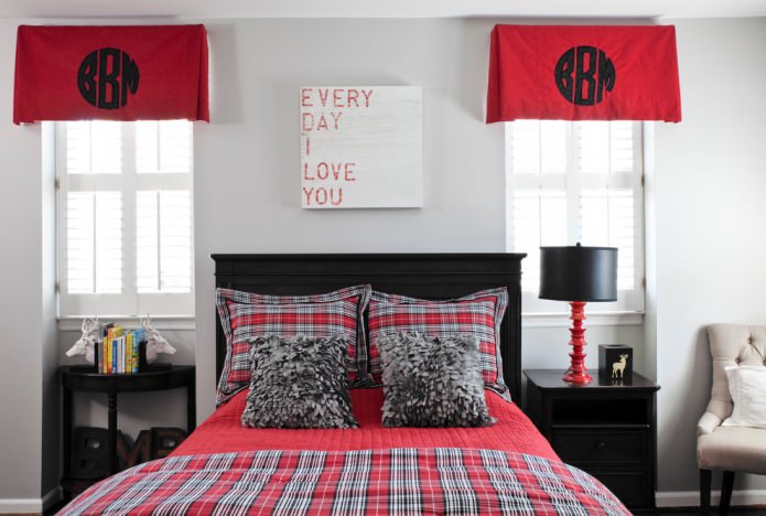 Schwarz-grau-rotes Schlafzimmer-Interieur