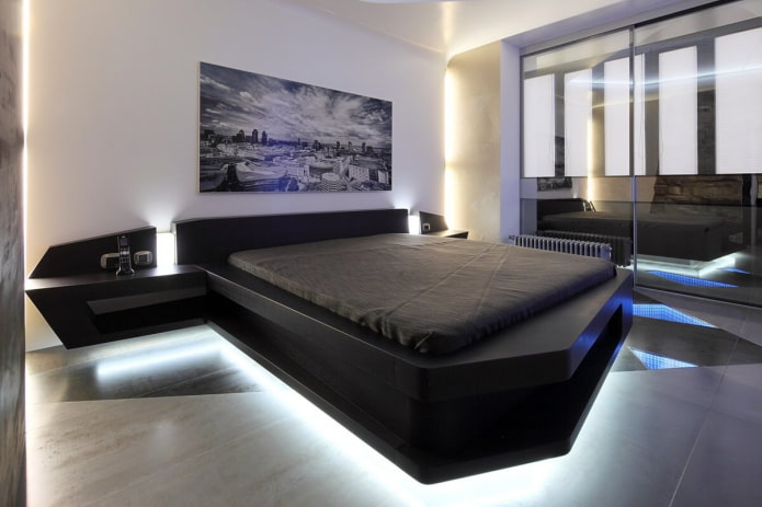 Bett im Interieur im Hi-Tech-Stil