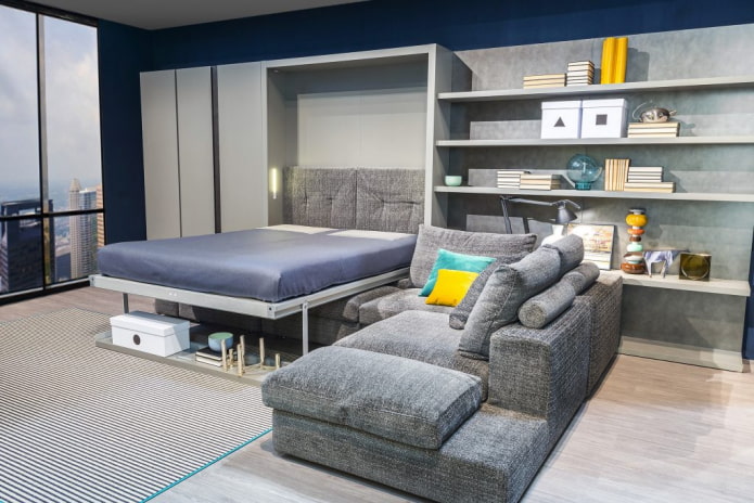Schrankbett mit Sofa im Innenraum