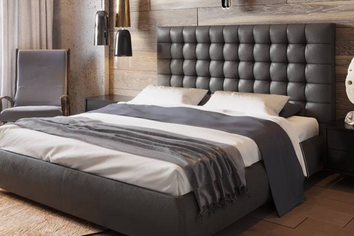 Bett mit gestepptem Kopfteil im Inneren