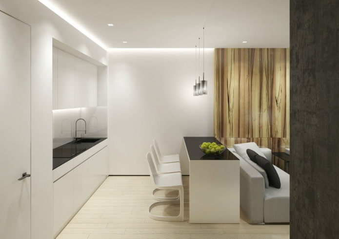 Innenraum einer 15 Quadratmeter großen Wohnküche im minimalistischen Stil