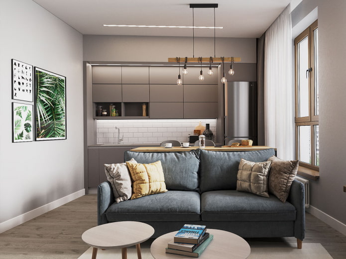 Sofa im Inneren der Wohnküche von 16 Quadratmetern