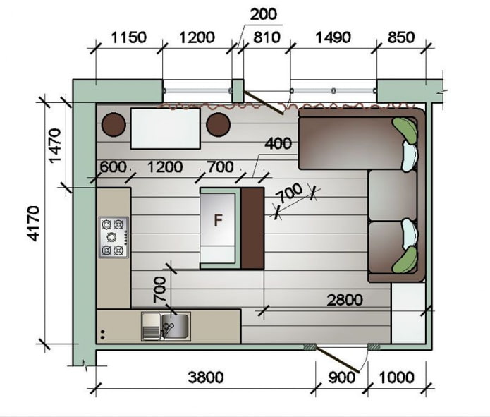 Rechteckige Wohnküche 16 Quadrate