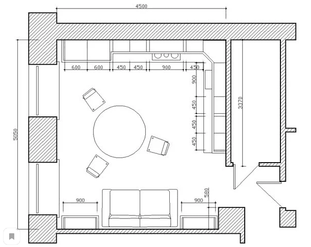 quadratische Wohnküche mit 16 m²