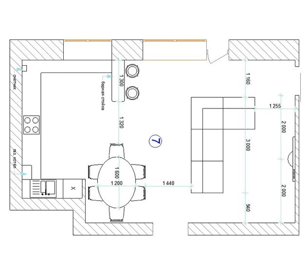 Grundriss einer Wohnküche von 30 Quadratmetern