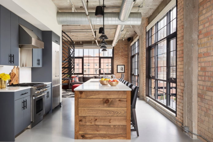 Küche mit Wohnzimmer im Loft-Stil