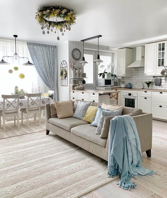 Küche-Wohnzimmer-Innenarchitektur im Provence-Stil