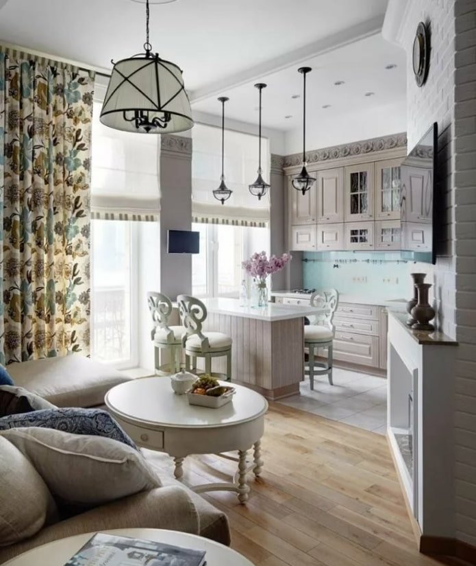 Küche-Wohnzimmer-Innenarchitektur im Provence-Stil
